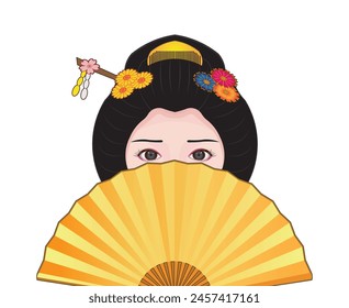 Art drawing of Japanese beautiful lady or geisha or maiko look behind golden sensu fan or Japanese folding fan in colorful cartoon vector 