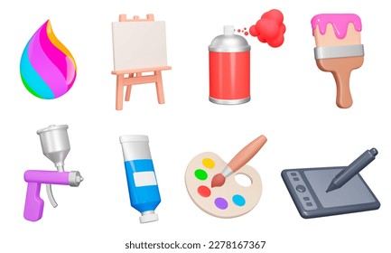 Art drawing, painting 3d icon set. Tools for drawing and creativity, Art activities. paint drop, canvas, spray can, paint brush, palette, drawing tablet. Isolated objects on a transparent background