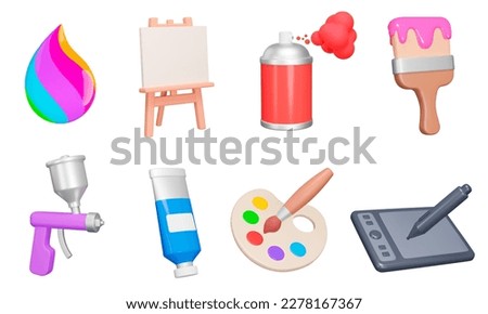 Art drawing, painting 3d icon set. Tools for drawing and creativity, Art activities. paint drop, canvas, spray can, paint brush, palette, drawing tablet. Isolated objects on a transparent background