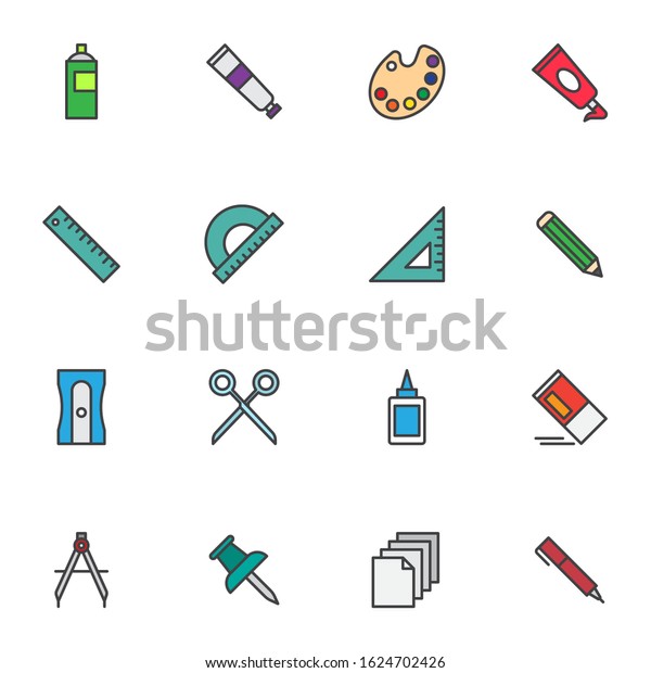 Art drawing tool filled outline icons set,
line vector symbol collection, linear colorful pictogram pack.
Signs, logo illustration, Set includes icons as stationery tool,
color palette, ruler,
pencil