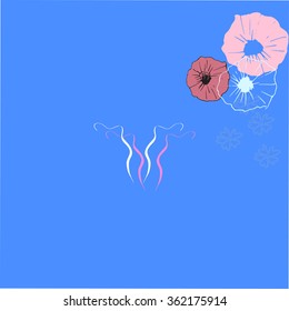 Art Drawing Of Uterus With Flower Decoration On Blue Background. Uterus Icon