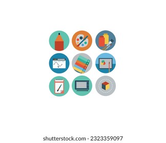 Symbole für Kunst, Zeichnung, Web und Grafikdesign. Stock-Vektorgrafik für Linienstile. flache Web-Icons mit langem Schatten auf folgende Themen - SEO und Entwicklung, kreativer Prozess.
