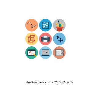 Art, drawing and web and graphic design icons set. Line Style stock vector.Vector set flat web icons with long shadow on following themes - SEO and development, creative process.
