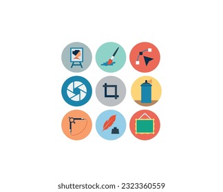 Iconos de arte, dibujo y diseño web y gráfico. vector de stock de estilo de línea.Vector establece iconos web planos con sombra larga sobre los siguientes temas - SEO y desarrollo, proceso creativo.
