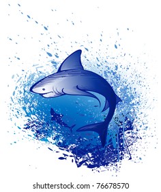 Art drawn by a great white shark swims in the deep blue sea.