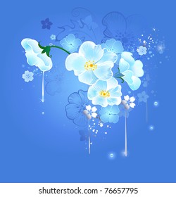 Art drawn by the magical white flowers on a blue glowing background