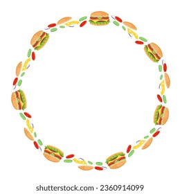 art drawn tasty burger round frame