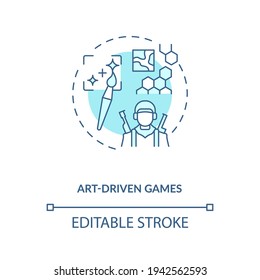 Art driven games concept icon. Video games types. Show beautiful graphics while playing. Project idea thin line illustration. Vector isolated outline RGB color drawing. Editable stroke