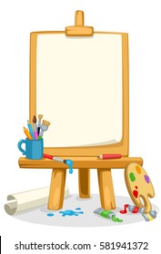 Art Easel With Colors, Brushes And Color Palette Beautiful Vector Illustration