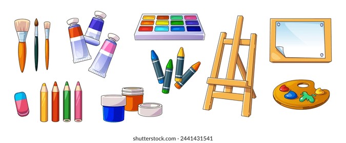Art easel, paint brush and artist palette supplies. Painter craft tool icon set for draw school class illustration. Gouache tube, crayon kit for child hobby and creative talent education on workshop