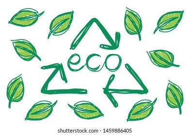 Art for eco-friendly concept campaign. Recycle icon with text and green leaves on white background.