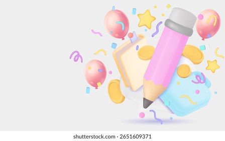 Art and Education Celebration  Cartoon Style Pink Pencil with Notebook Stars and Confetti Elements. Versatile for Kids Crafts Educational Apps  and Creative Workshops Backgrounds