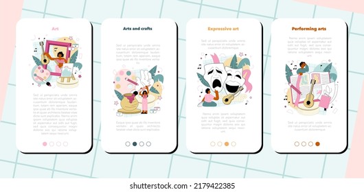 Art education mobile application banner set. Student holding art tools learning how to draw and craft. Painting and crafting, performing and expressive art classes. Flat vector illustration
