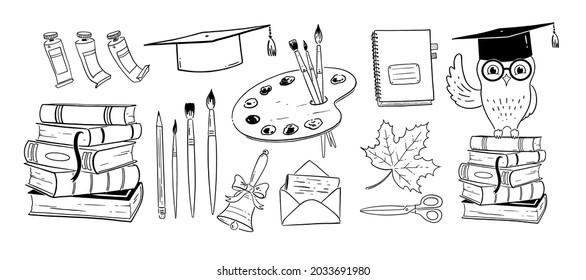 Art education school illustrations set. Vector line art objects isolated on white background.