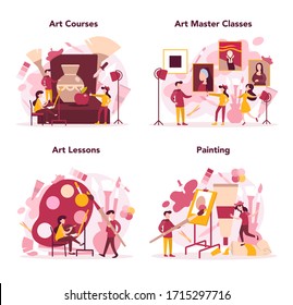 Art education set. Male and female artist standing in front of big easel or screen, holding a brush and paints. Artist painting. Isolated flat vector illustration