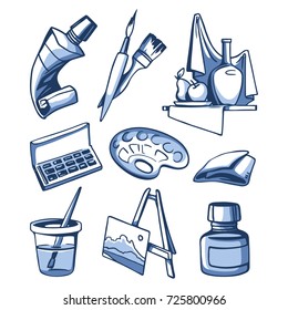 Art education set: painting, collection of design elements on a white background.