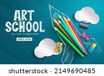 Art education vector background design. Art school text with color pencil and paper cut in rocket drawing chalk board element for creativity learning registration. Vector illustration.
