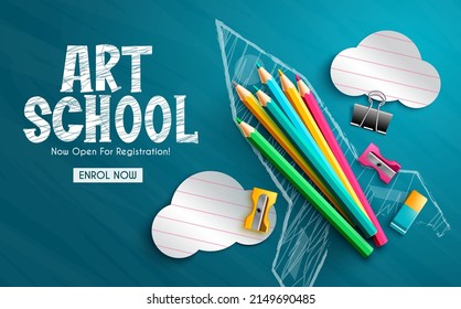 Art Education Vector Background Design. Art School Text With Color Pencil And Paper Cut In Rocket Drawing Chalk Board Element For Creativity Learning Registration. Vector Illustration.

