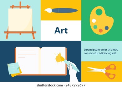 Art education vector banner template. Vector illustration for poster, invitation, flyer, banner, brochure, advertising. Promo poster for painting school.STEM and STEAM education.