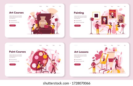 Art education web banner or landing page set. Male and female artist standing in front of big easel or screen, holding a brush and paints. Artist painting. Isolated flat vector illustration
