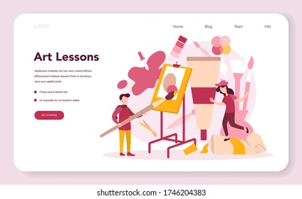 Art education web banner or landing page. Male and female artist standing in front of big easel or screen, holding a brush and paints. Artist painting. Isolated flat vector illustration