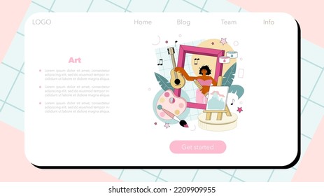 Art education web banner or landing page set. Student holding art tools learning how to draw and craft. Painting and crafting, performing and expressive art classes. Flat vector illustration