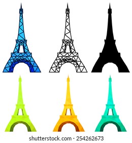 Art of Eiffel Tower, Low poly, Outline, silhouette and mosaic. isolated on white background