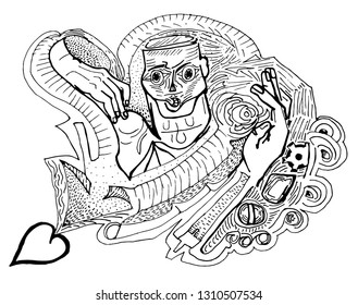 Art with elements of mechanics. Graphics. Robot in wires