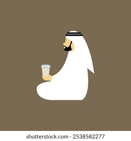 Art of Emirates Man with traditional Kandora and Emirati headband that wear in face handing the Coffee.