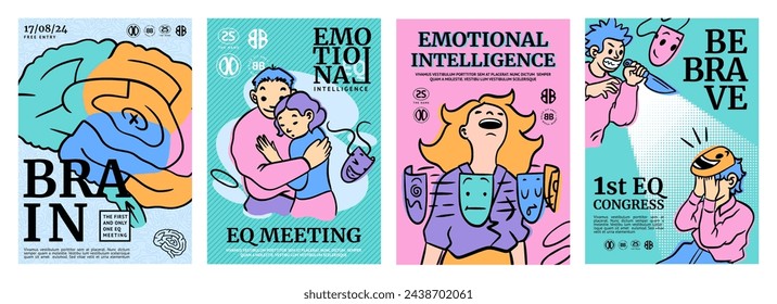 Art emotion. Psychology event poster. Mental health. EQ meeting. Emotional intelligence. Brain maze. Reflection anxiety. Psychological disorder. People stress. Fake mask. Vector banners design set