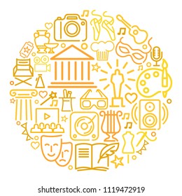 Art and entertainment. Set of linear icons in the form of a circle