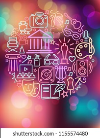 Art and entertainment. Set of linear icons in the form of a circle on the Colorful background with defocused lights