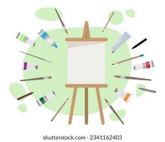 Equipo de arte alrededor de la ilustración vectorial de lienzo vacía. Tubos de pintura, pinceles, lápices, borradores y otras herramientas o suministros para la pintura. Arte, hobby, concepto de autoexpresión