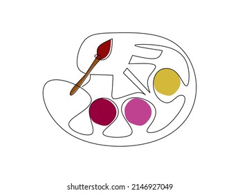 Art equipment of brush and paint one line drawing vector illustration isolated on white background
