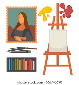 Art equipment set and masterpiece colorful vector poster