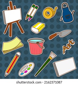 Art Equipment Sticker Set.  Wood Paint, Shock Paint, Palette, Brush, Drawing Paper, Drawing Board, Apron, Eraser, Bucket And Glue Tape. Doodle Vector Illustration.