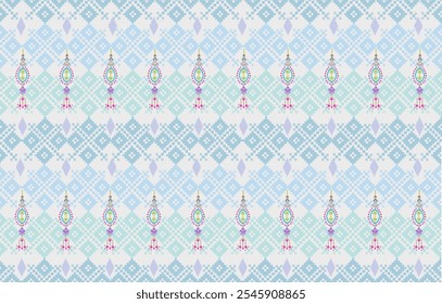 It is an Art, ethnic pattern, design, culture, gentle, Pixel, beautiful, carolina blue, color chalk, ikat, distressed, apple green, Seamless, Pattern, Blackground, Wallpaper, Cloth