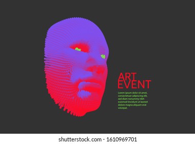 Art event invitation template. Abstract digital human head. Futuristic background. Vector Illustration for advertising, marketing or presentation. 