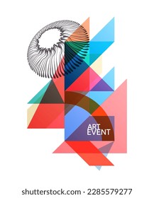 Art event invitation template. Composition of flat colorful shapes. Abstract transparency geometrical background. Cover design template. Vector for presentation, banner, flyer, poster, brochure. 