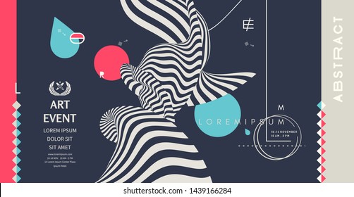 Art event invitation template with date and time details. Background with optical illusion. 3d vector illustration for promotions or presentations. 