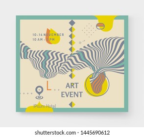 Art event invitation template with date and time details. Background with optical illusion. 3d vector illustration for promotions or presentations. 
