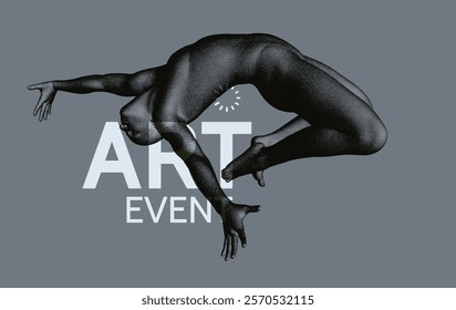 Art event invitation template. Gymnastics activities for icon health and fitness community. Design for sport. Jumping man is flying or falling in the air. 3D vector for brochure, poster, cover, flyer.