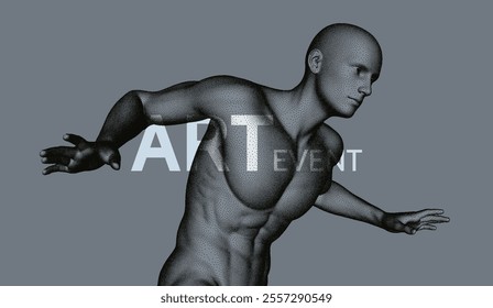 Art event invitation template. Man sneaking around in the dark and looking for a way out. 3d model of human body. Vector illustration for banner, poster, cover, card, brochure or presentation.