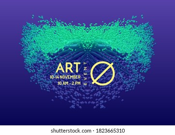 Art event invitation template. Point explode. Array with dynamic emitted particles. 3d technology style. Abstract background. Vector illustration.
