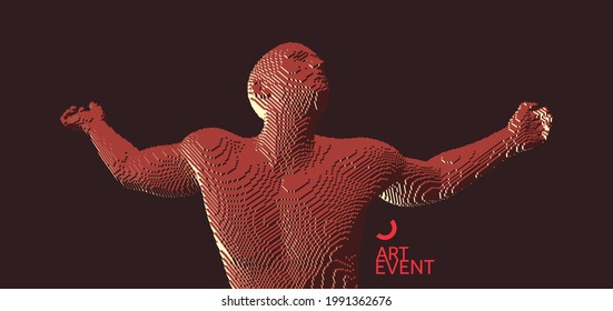 Plantilla de invitación a eventos de arte. Voxel art. Concepto de publicidad. Ilustración vectorial 3D para banner, volante, afiche, portada o folleto. 