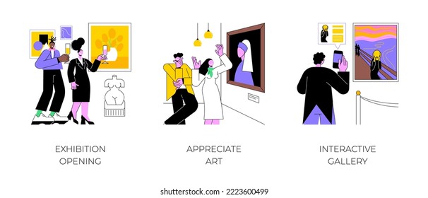 Art event isolated cartoon vector illustrations set. Exhibition opening in a gallery, appreciate art masterpieces, interactive gallery paintings, museum of modern art vector cartoon.