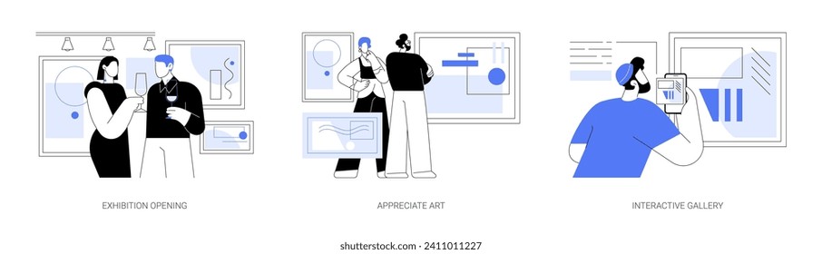 Art event isolated cartoon vector illustrations set. Exhibition opening in a gallery, appreciate art masterpieces, interactive gallery paintings, museum of modern art vector cartoon.