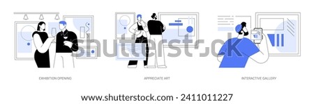 Art event isolated cartoon vector illustrations set. Exhibition opening in a gallery, appreciate art masterpieces, interactive gallery paintings, museum of modern art vector cartoon.