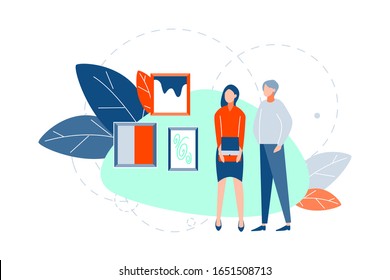 Art exhibition, abstract paintings concept, Young couple, boyfriend girlfriend look at set of abstract paintings or pictures at museum. Man and woman are on modern art exhibition at gallery. Vector