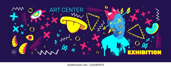 Art exhibition banner with contemporary portrait and abstract shapes. Vector design for artist center or modern illustrations festival event. Cartoon creative graphics with surreal character face